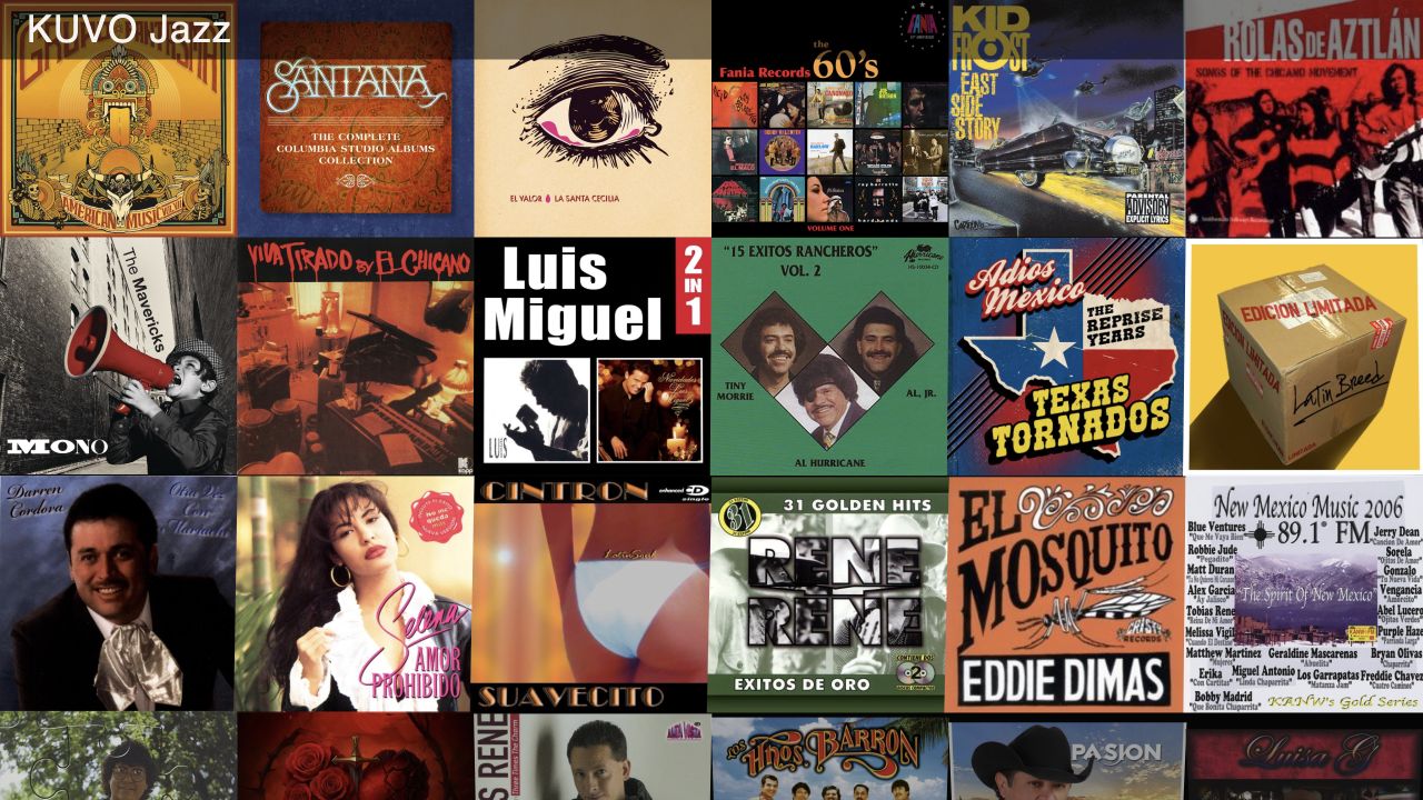 KUVO Jazz album cover wall with the station name overlay